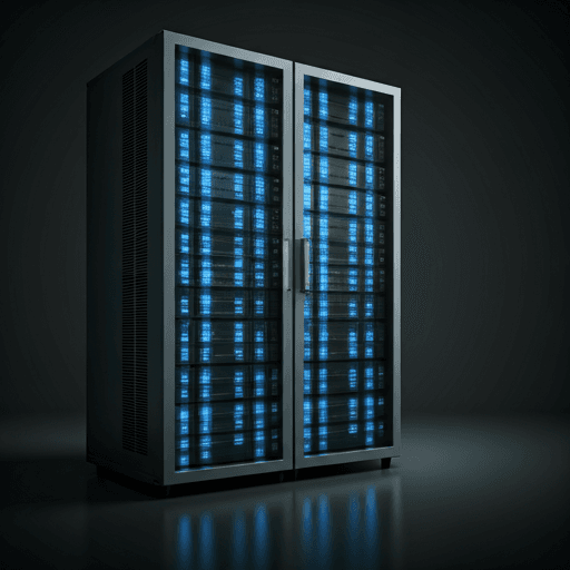 Technical server architecture visualization with blue glowing nodes